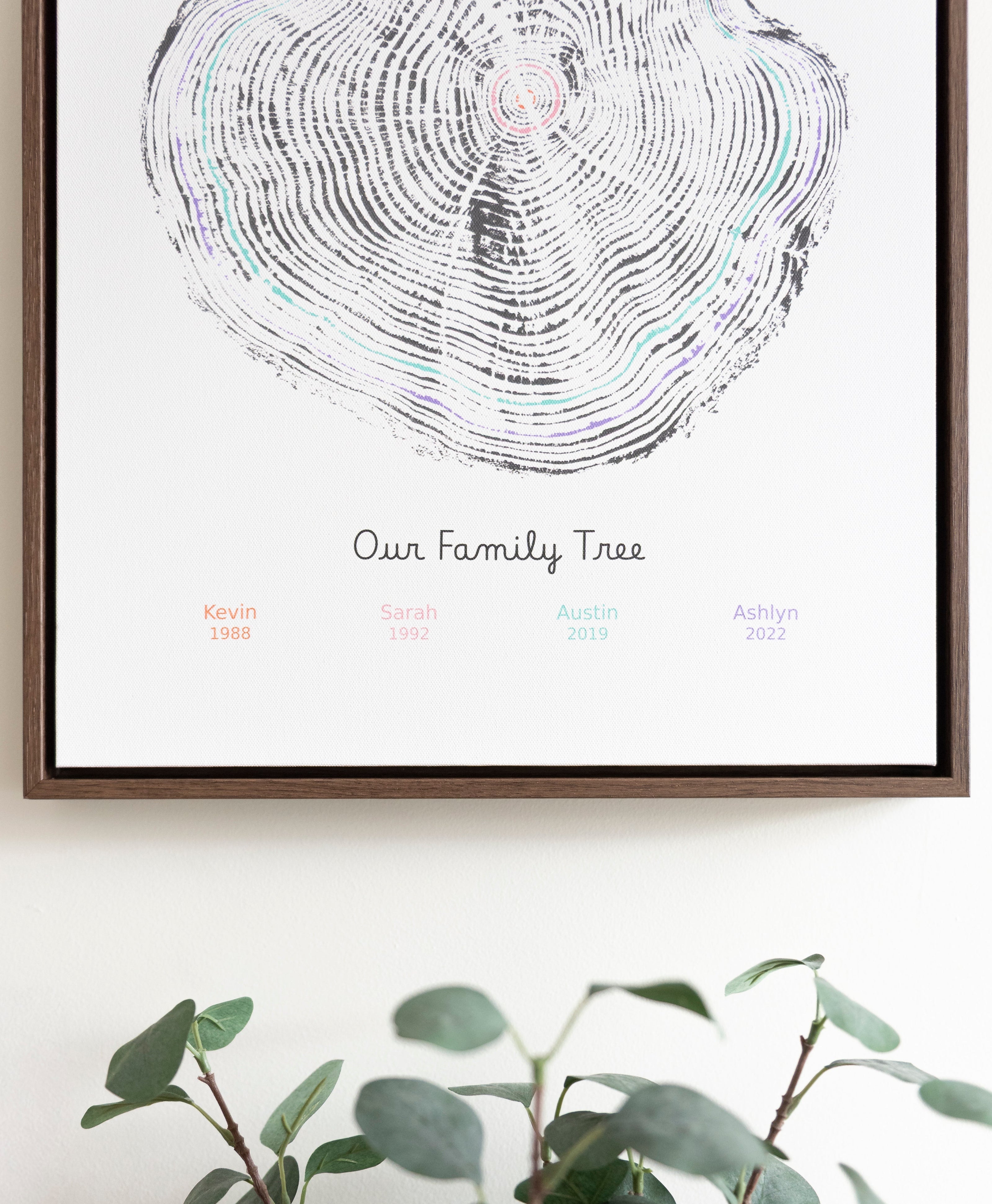 A framed family tree print featuring a large black-and-white tree trunk cross-section with small colored names and years printed near the bottom, shown hanging on a white wall above a green plant.