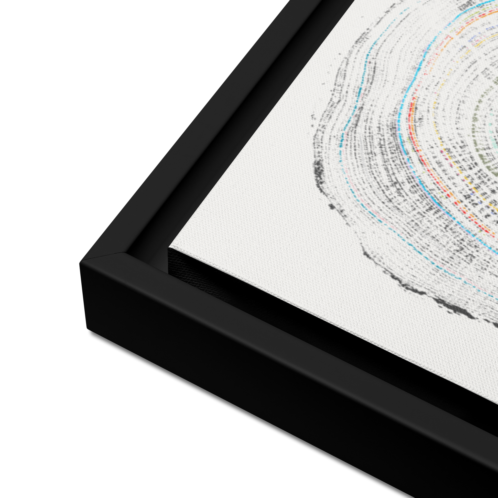 Close-up of a black frame with tree ring artwork printed on canvas.
