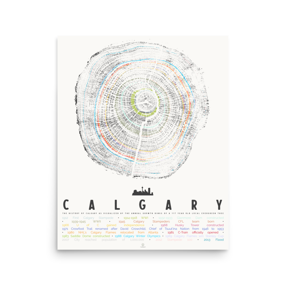 Tree ring cross-section with colorful details and 'Calgary' text on a white background